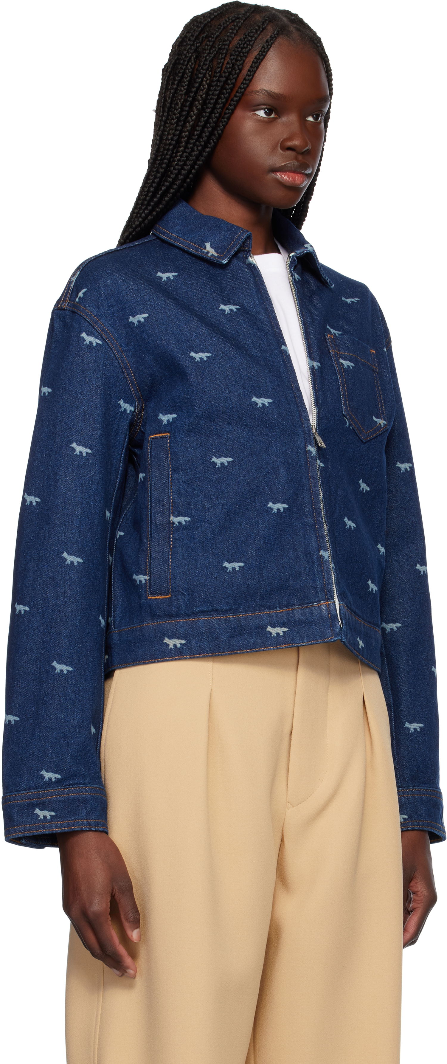 Bomberjakke MAISON KITSUNÉ Maison Kitsuné Zipped Cropped Denim Jacket Blå | OW02104WD4014, 1
