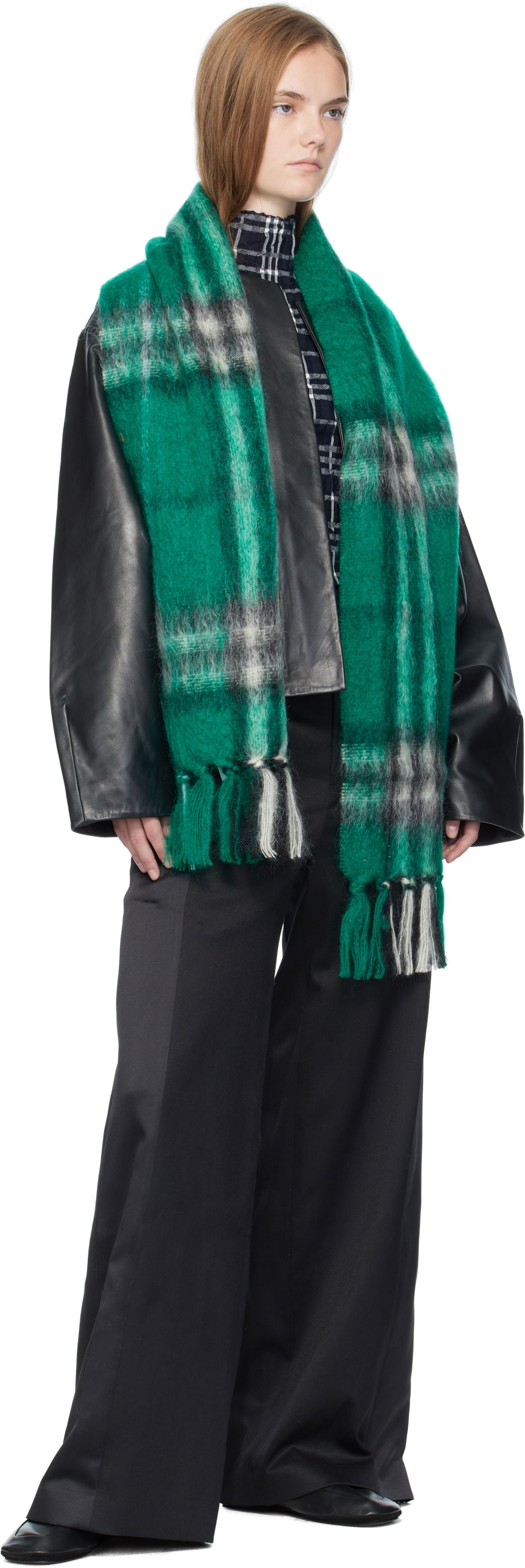 Tørklæde Burberry Burberry Check Mohair Wool Scarf with Tassels Grøn | 8112968, 1