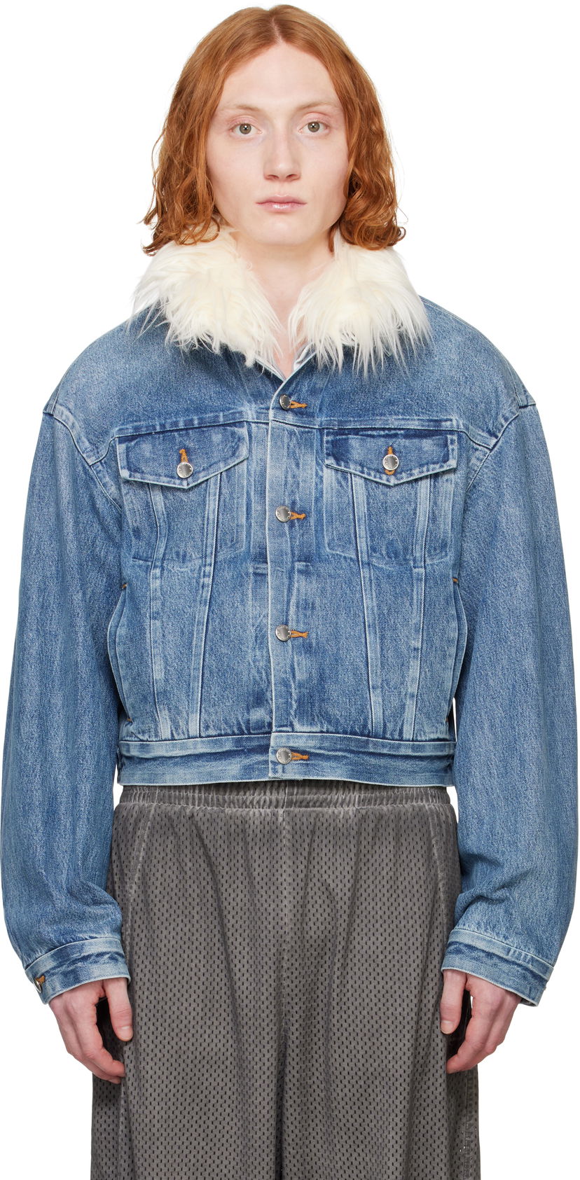 Jakke Alexander Wang Alexander Wang Rounded Trucker Denim Jacket with Faux Fur Collar Blå | 6WC1252066