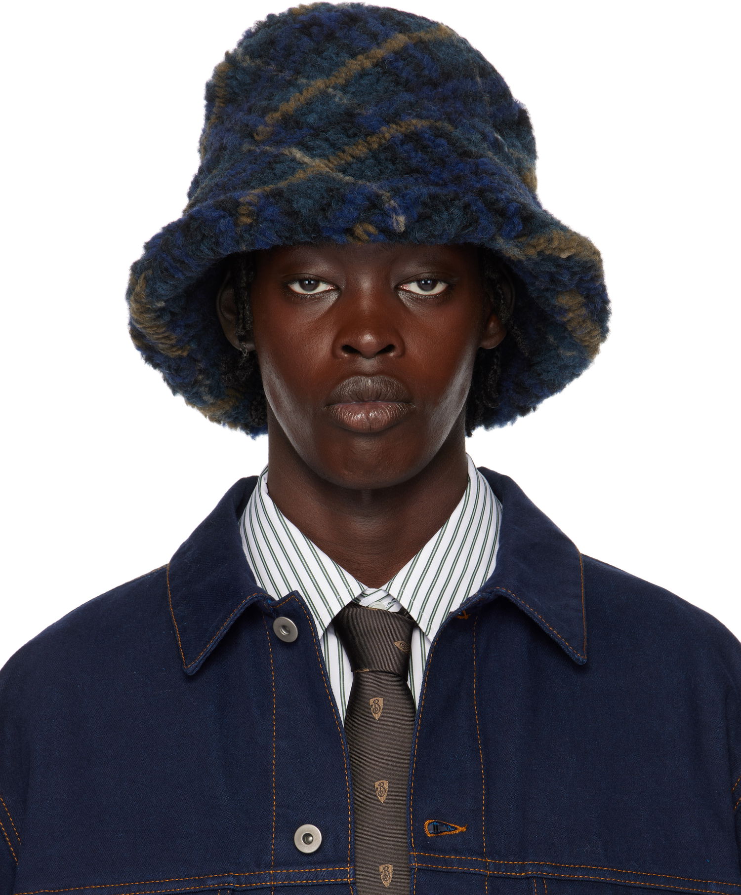 Hat Burberry Check Fleece Bucket Hat Mørkeblå | 8102729, 0