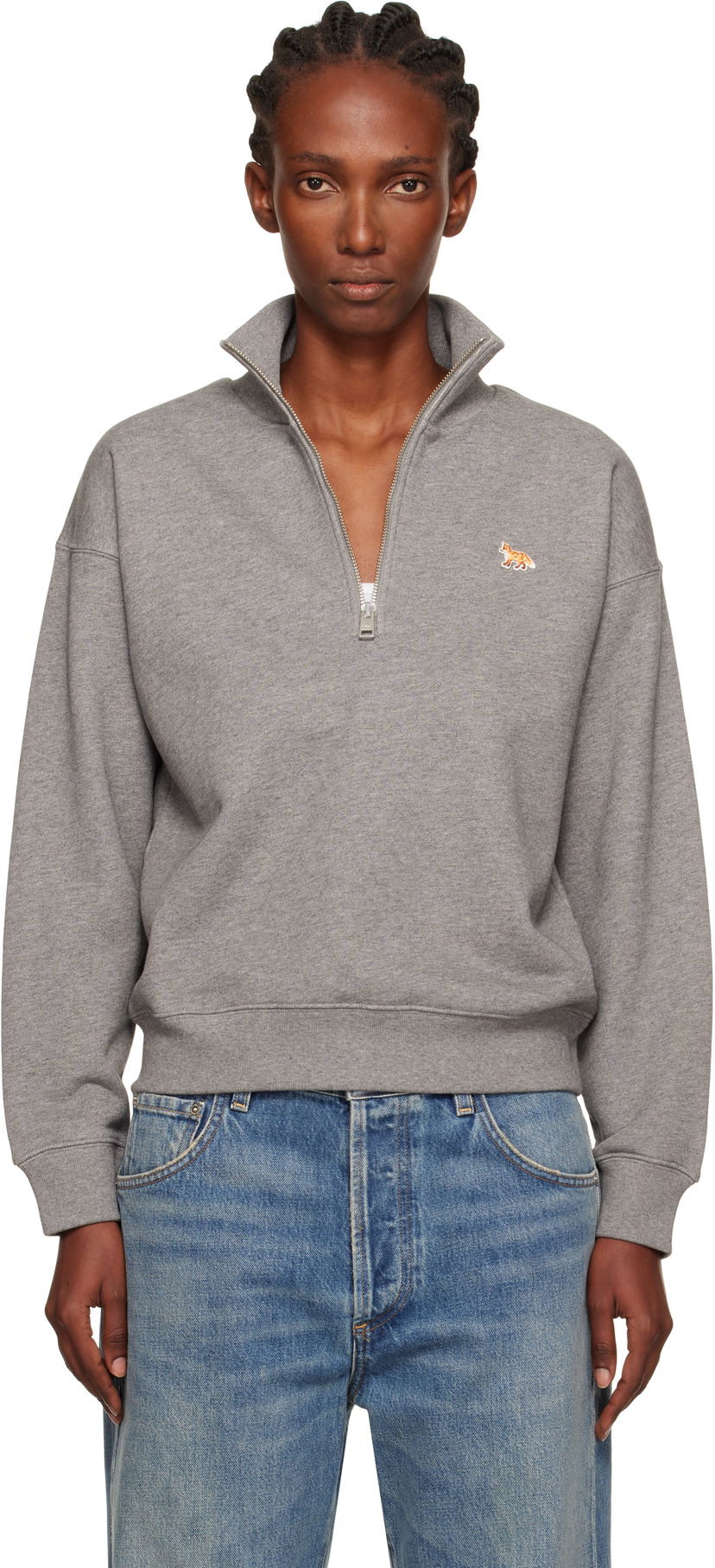 Sweatshirt MAISON KITSUNÉ Maison Kitsuné Half Zip Baby Fox Patch Sweatshirt Grå | PW00308KM0341