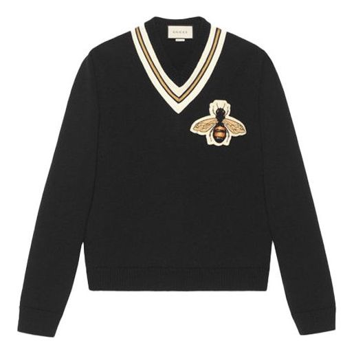 Sweater Gucci Embroidered V-Neck Wool Sweater Sort | 452796-X5H38-1082