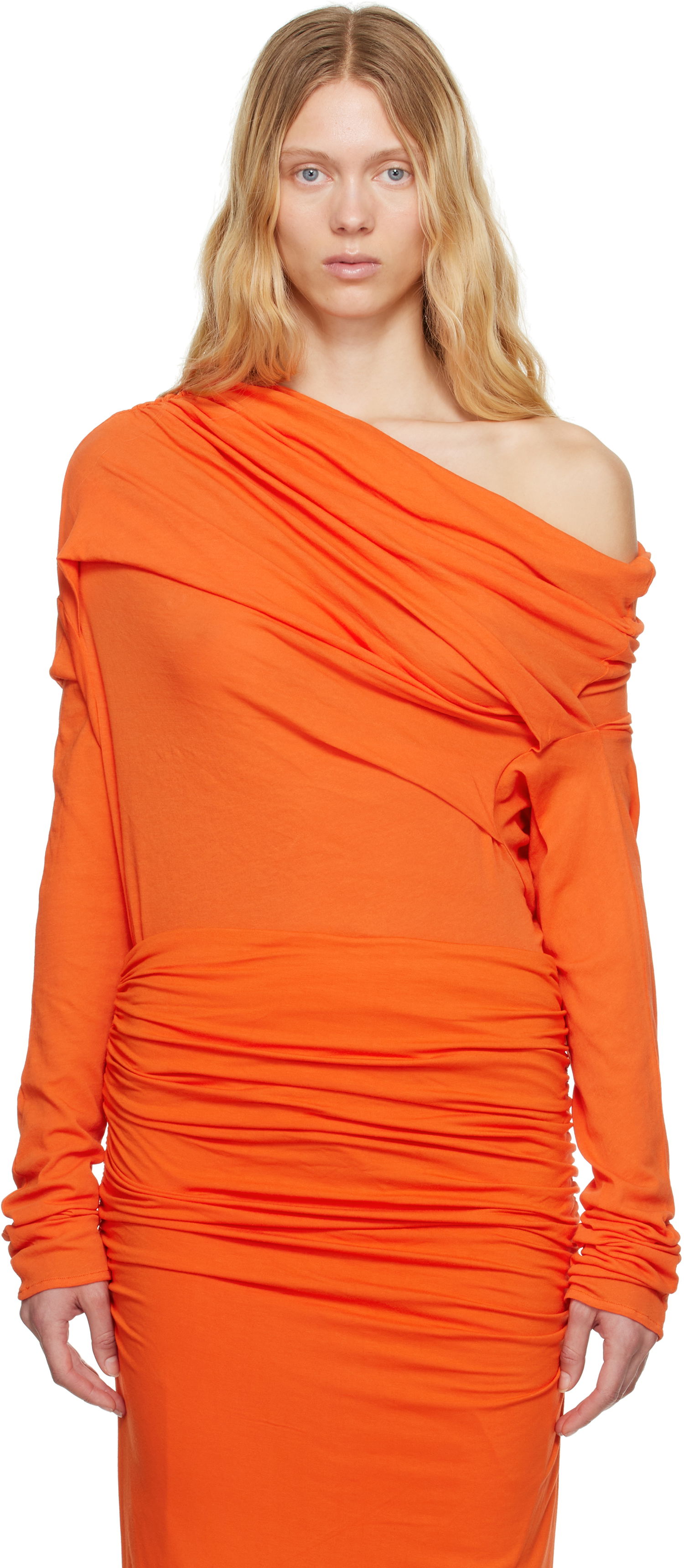 Kjole Entire Studios Entire Studios Draped One-Shoulder Ruched Dress Orange | ESW-S25-8013-KO, 0