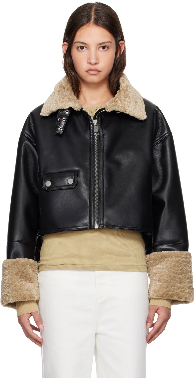 Jakke Nanushka Faux Leather Cropped Jacket Sort | NW24FWOW38170