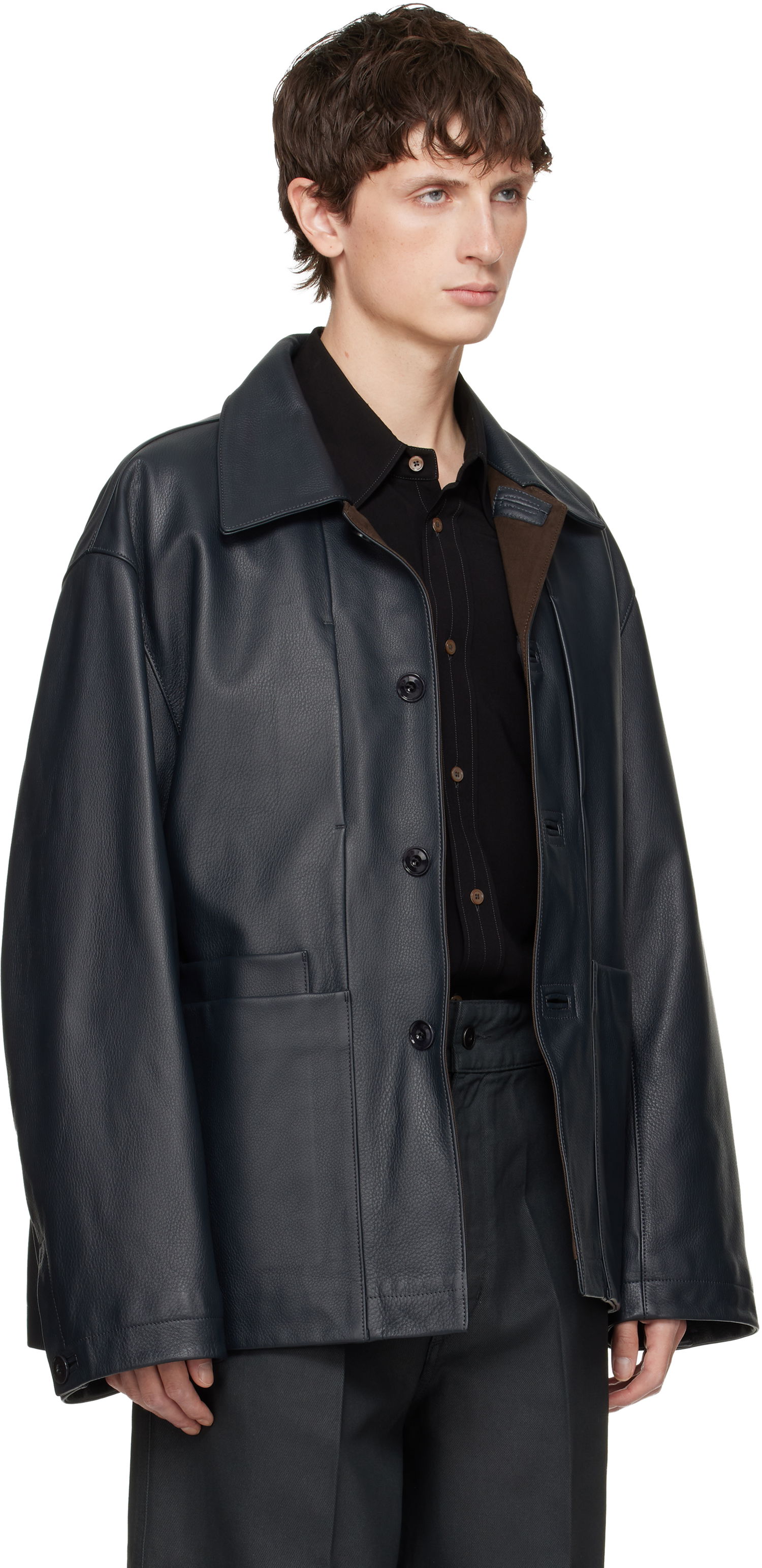 Jakke LEMAIRE Workwear Leather Jacket Mørkeblå | OW1172 LL0128, 1