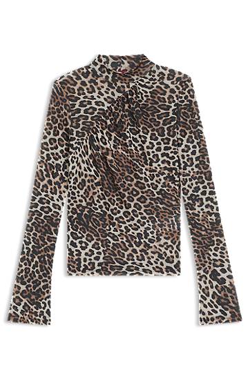 Skjorte BOSS Leopard Print Rollneck Top with Gathered Detail Brun | 50546248