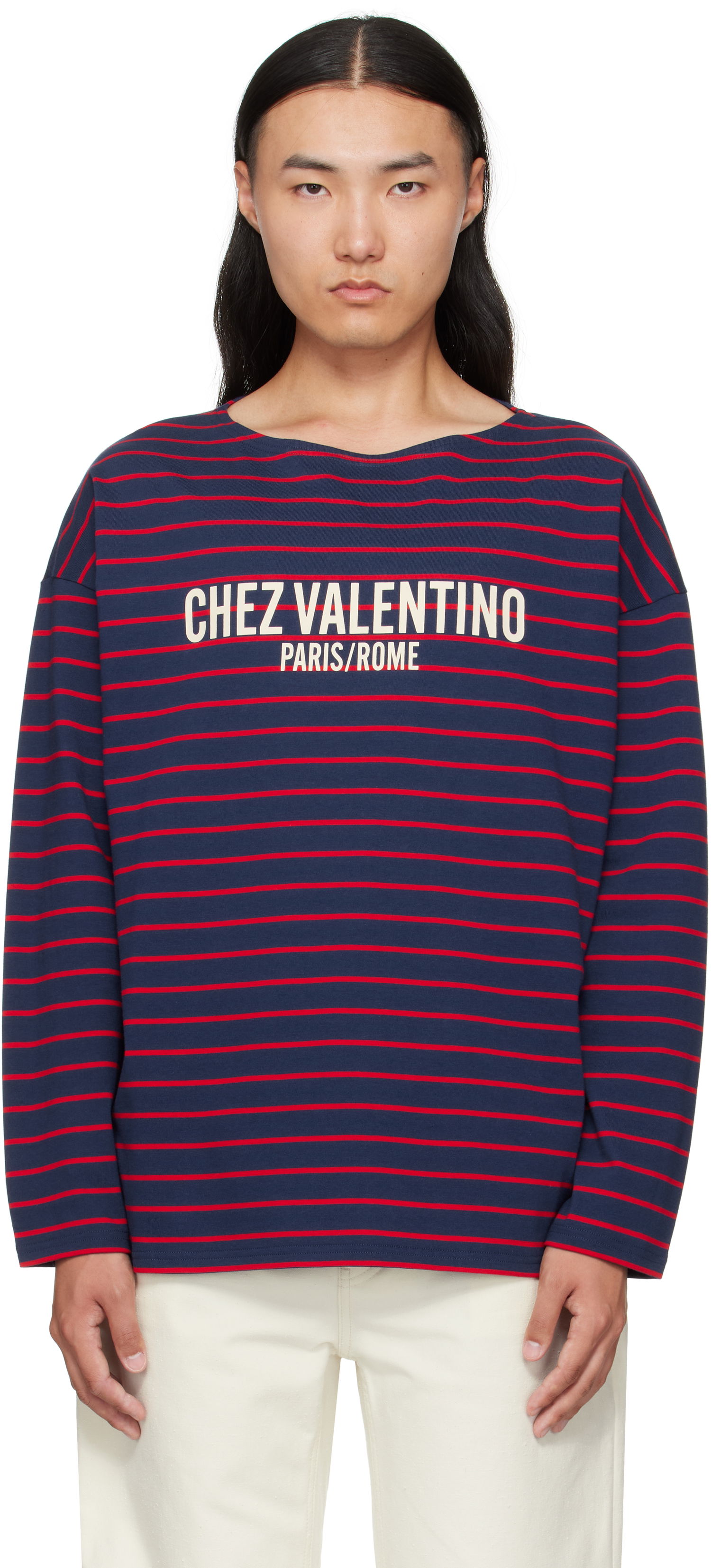 T-shirt Valentino Valentino 'Chez Valentino' Print Long Sleeve T-Shirt Mørkeblå | 7V3MG16RAYJ, 0