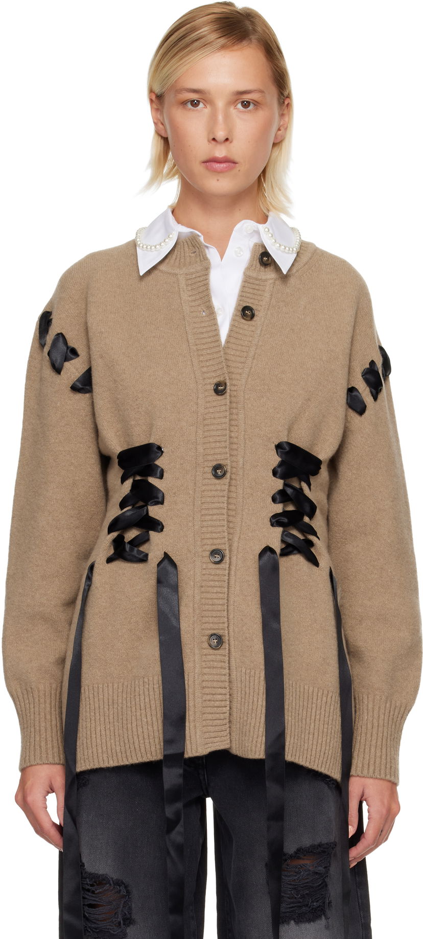 Sweater Simone Rocha Simone Rocha Sculpted Ribbon Corset Cardigan Beige | LMK8 0660