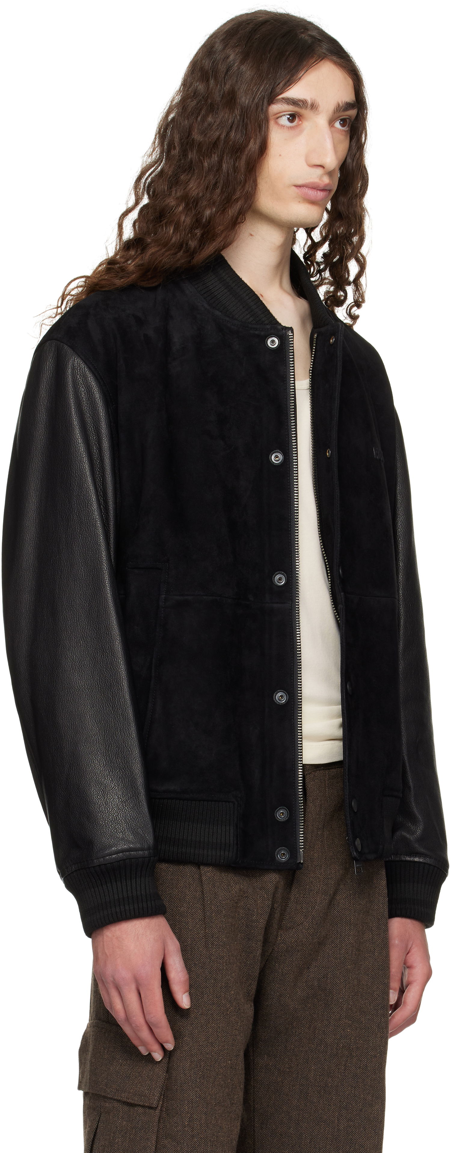 Bomberjakke BOSS Hugo Embossed-Logo Suede & Leather Bomber Jacket Sort | 50541881, 1