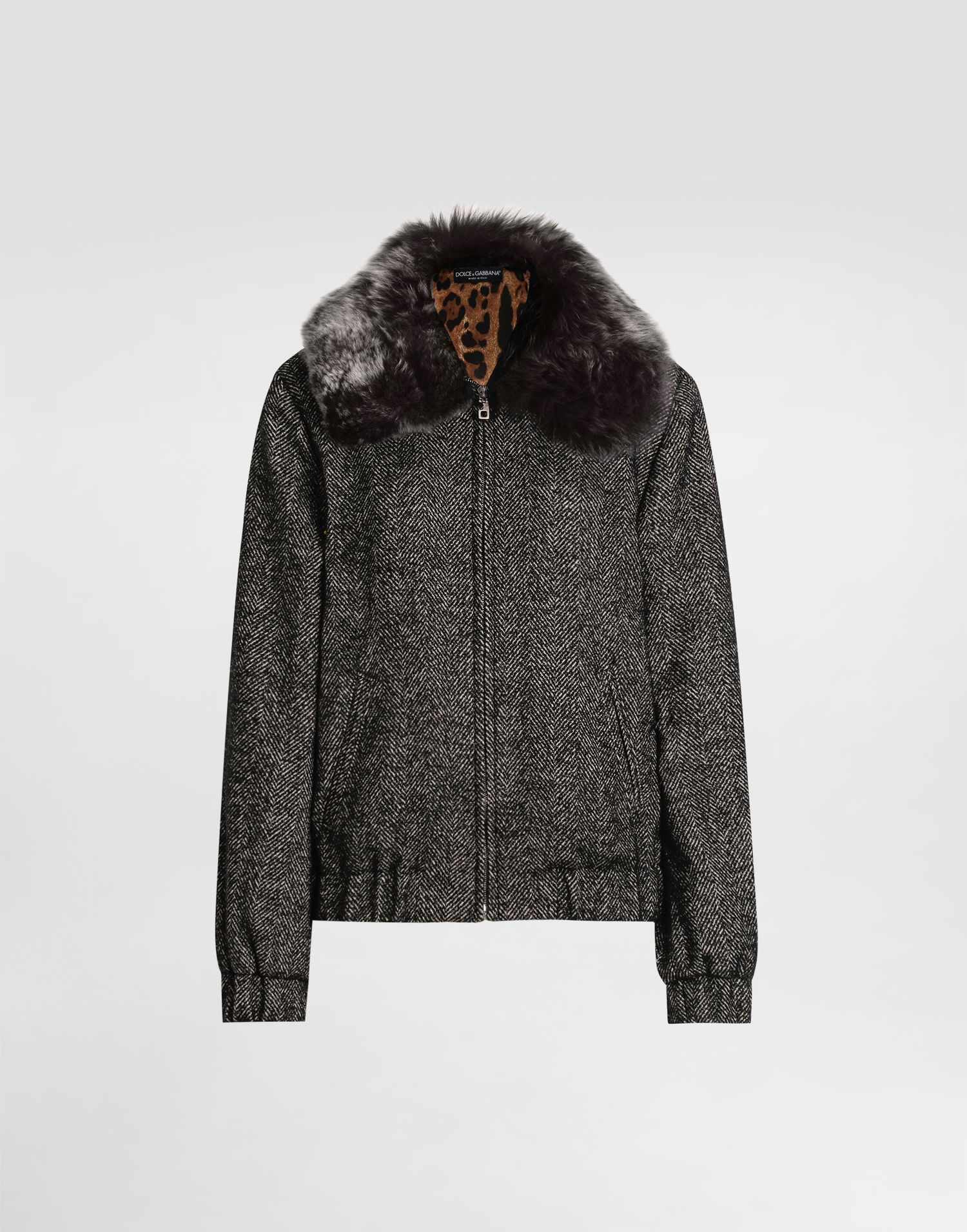 Bomberjakke Dolce & Gabbana Dolce & Gabbana Chevron Wool Bomber Jacket with Fur Collar Grå | F9S93TFCBAJS8030, 0