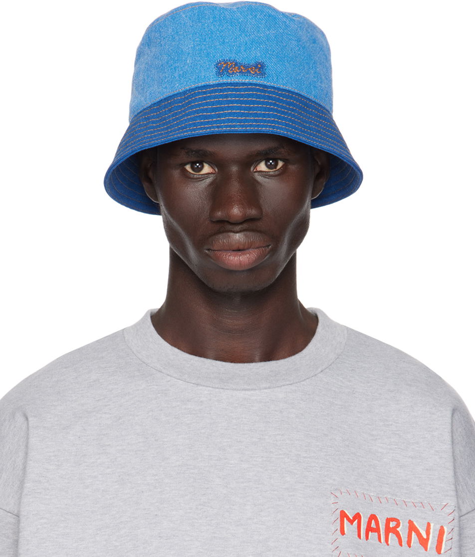 Hat Marni Logo Patch Denim Bucket Hat Blå | CLMC0055QX USCY03, 0
