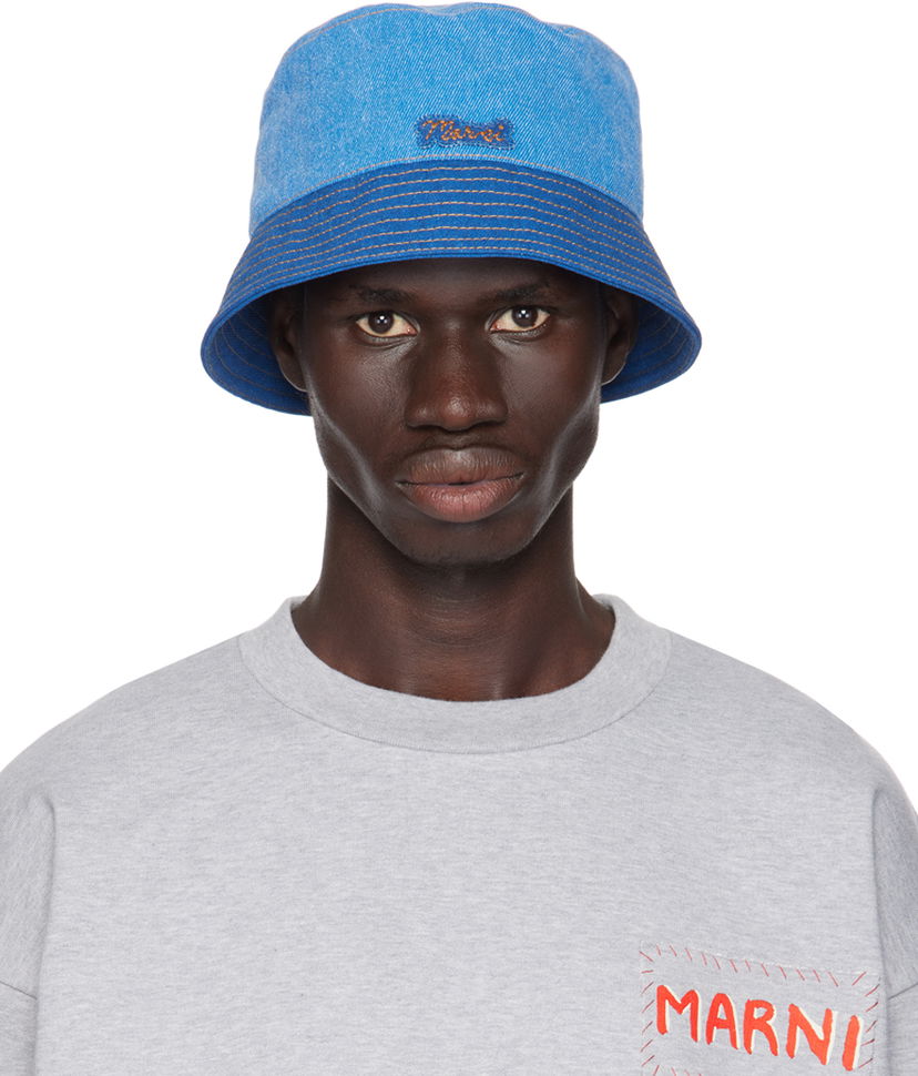 Hat Marni Logo Patch Denim Bucket Hat Blå | CLMC0055QX USCY03