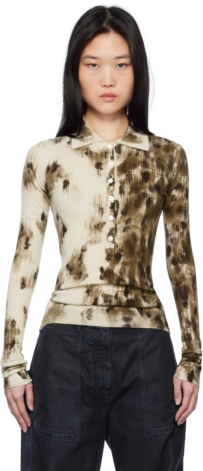 Polo skjorte The Attico The Attico Animal Print Long Sleeve Polo Beige | 250WCK00112 KWS006PR