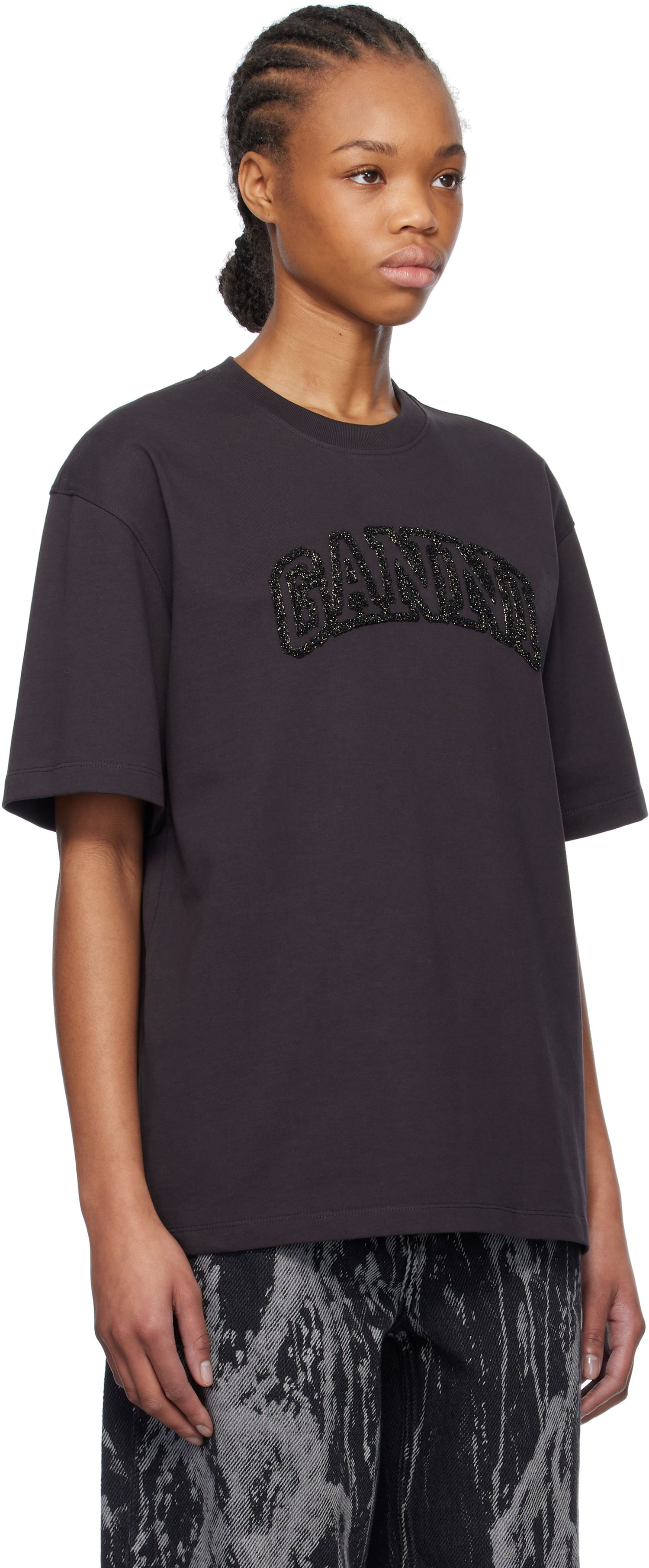 T-shirt GANNI GANNI Heavy Cotton Drop Shoulder T-Shirt with Embroidered Logo Brun | T4095, 1
