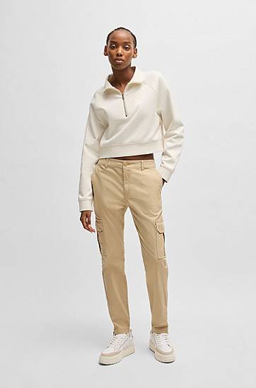 Sweater BOSS Cropped Cotton Terry Sweatshirt with Embroidered Logo Hvid | 50537102, 1