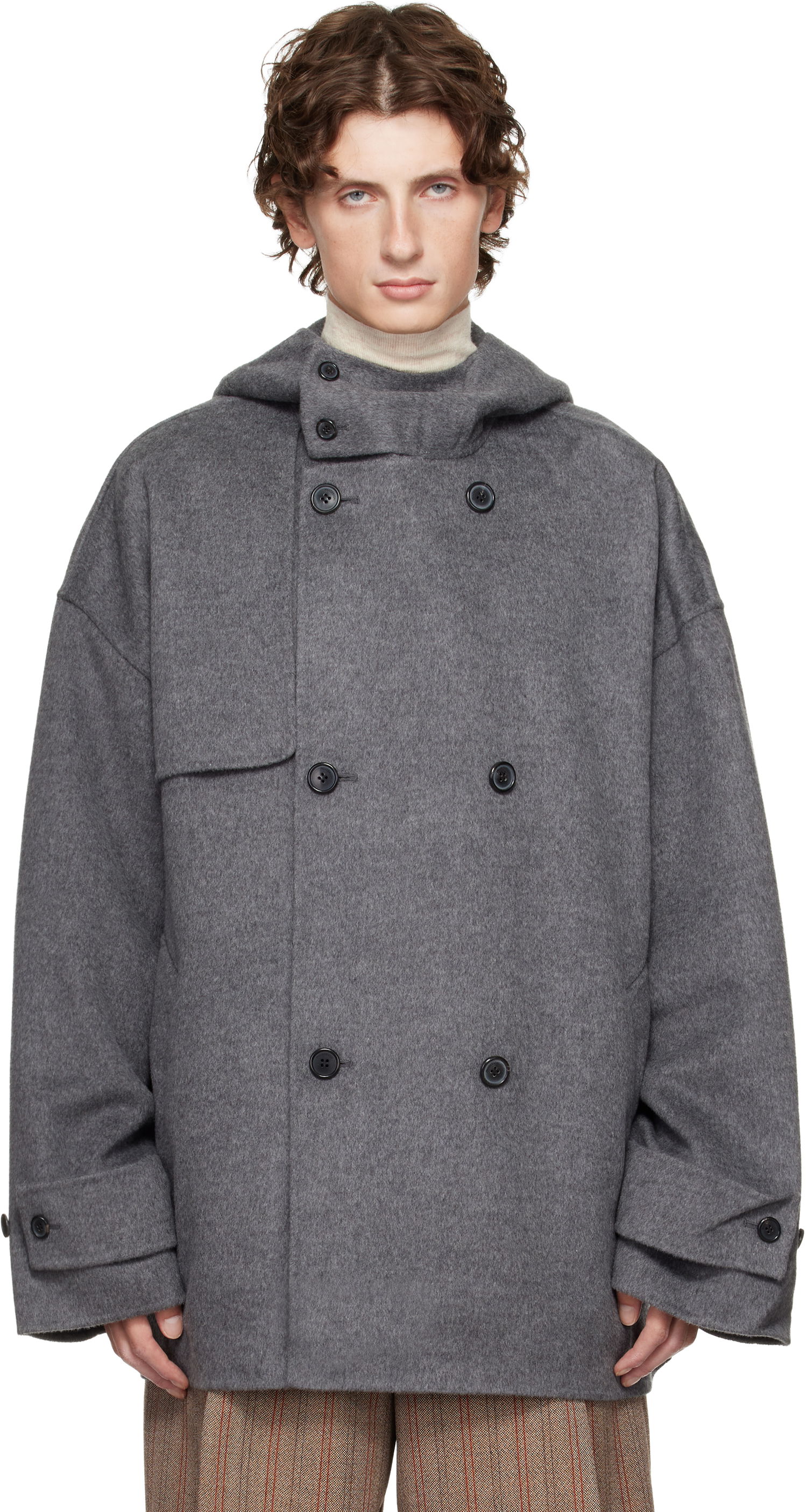 Frakker JW Anderson JW Anderson Oversized Hooded Double-Breasted Felted Peacoat Grå | CO0342-PG1559, 0