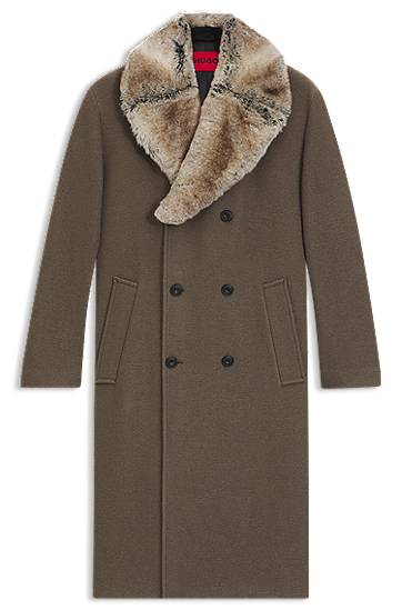 Frakker BOSS Virgin-wool double-breasted coat with removable faux-fur collar Brun | 50546526, 0