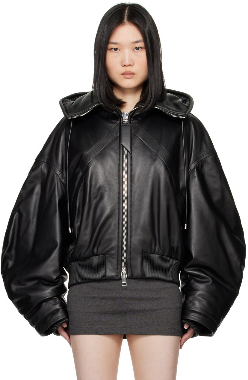 Bomberjakke The Attico Attico Leather Bomber Jacket with Hood Sort | 247WCB62 L054