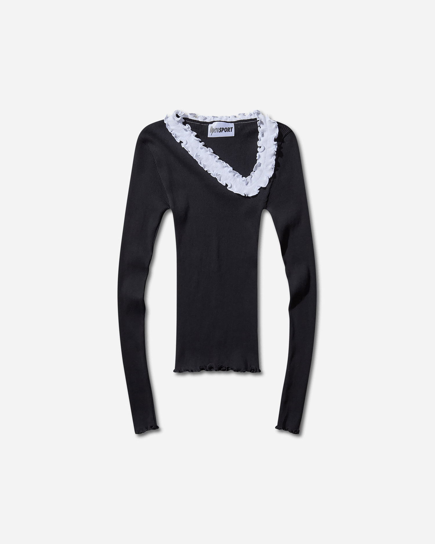 Skjorte OpéraSPORT Evita Seamless Ribbed Ruffle-Trim Long-Sleeve Top Sort | W32AW24  4, 1