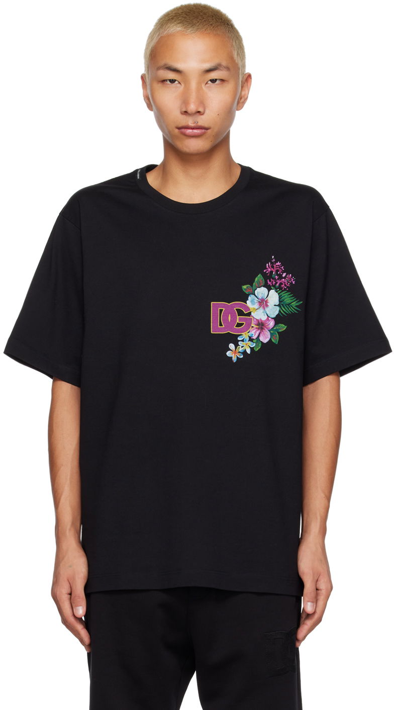 T-shirt Dolce & Gabbana Floral Logo Print Black T-Shirt Sort | G8PJ0ZG7HBV, 0