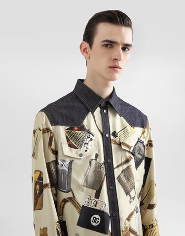 Skjorte Dolce & Gabbana Dolce & Gabbana Silk & Denim Lighter Print Shirt Beige | G5MO3DG8MD8S9001, 3
