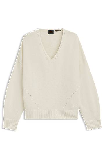 Sweater BOSS Relaxed Fit V-neck Sweater with Stitch Details in Italian Yarn Beige | 50550464