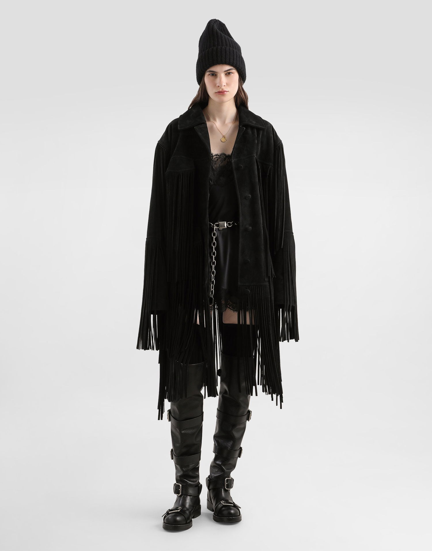 Jakke Dolce & Gabbana Dolce & Gabbana Women's Suede Fringe Jacket Sort | F27GZLHULYFN0000, 1