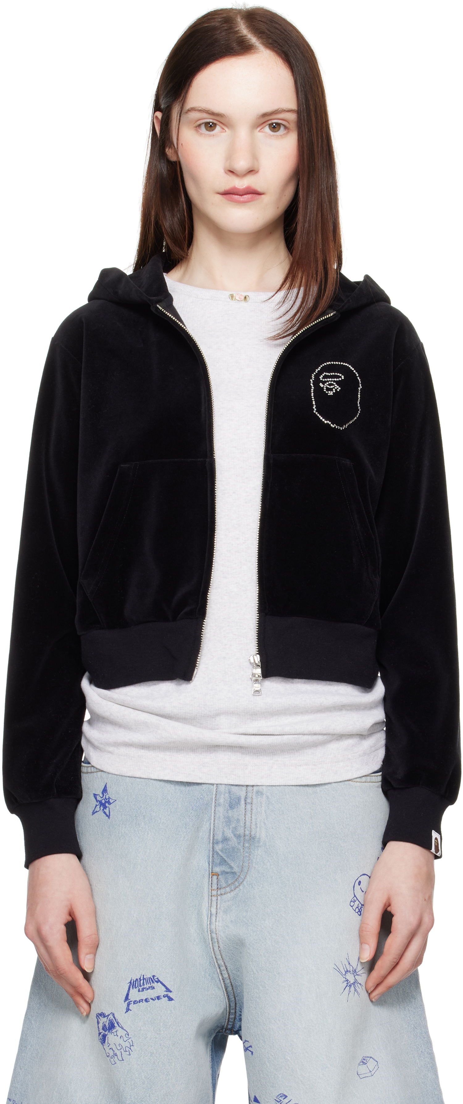 Sweatshirt BAPE A Bathing Ape Crystal Stone Ape Head Velour Cropped Hoodie Sort | 001ZPK802004L, 0