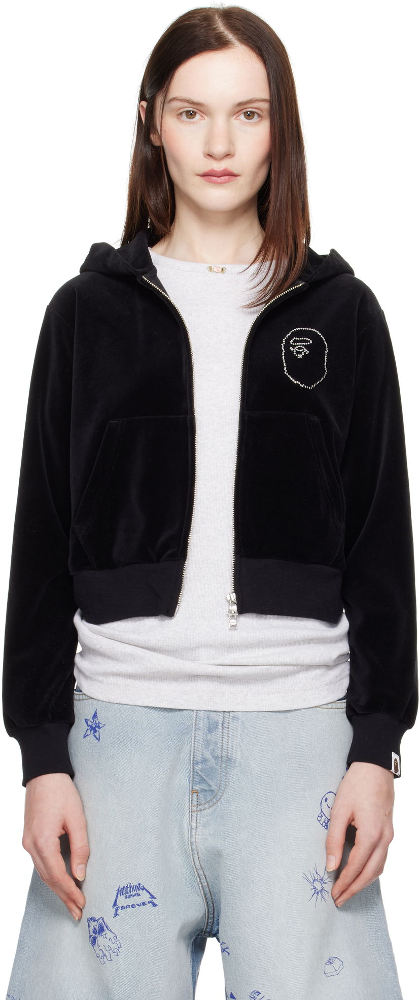 Sweatshirt BAPE A Bathing Ape Crystal Stone Ape Head Velour Cropped Hoodie Sort | 001ZPK802004L