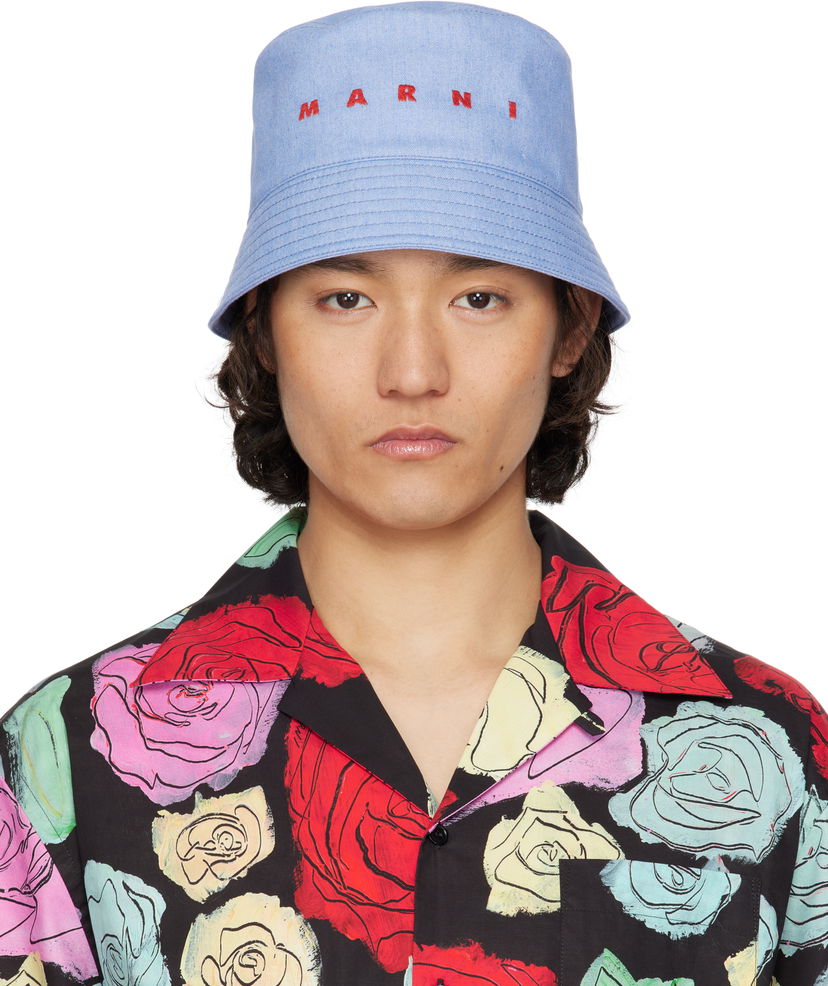 Hat Marni Marni Embroidered Logo Denim Bucket Hat Blå | CLZC0110S0 UTC476