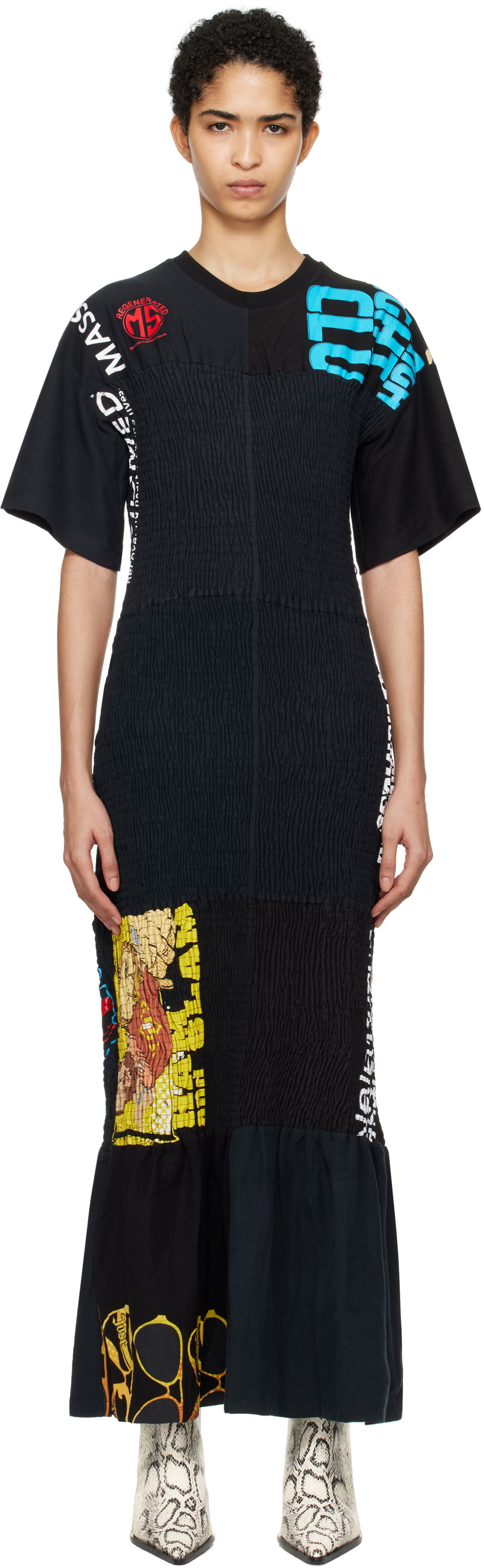 Kjole Marine Serre Upcycled Shirred Fitted Maxi Dress Sort | WDR283A, 0