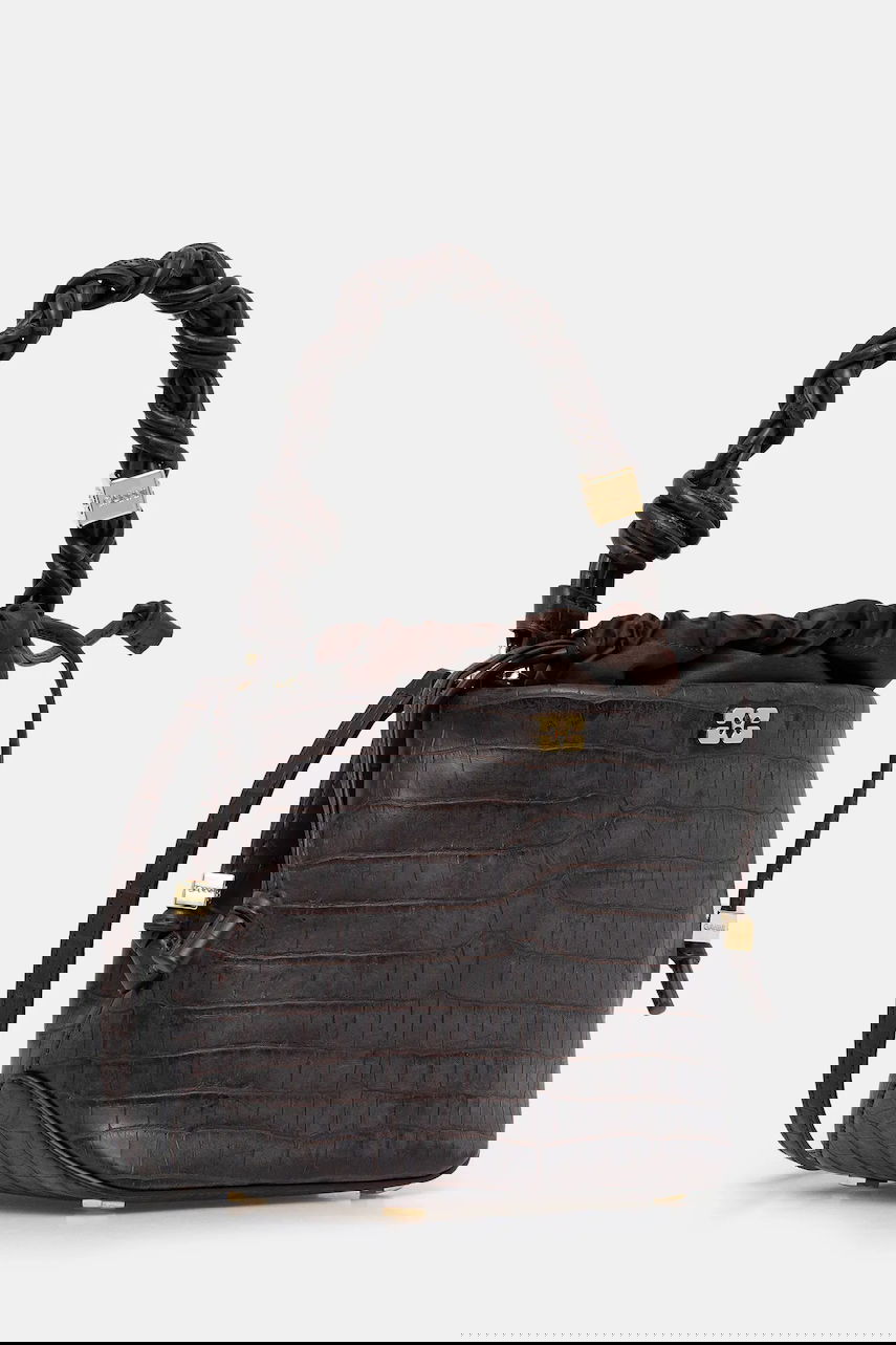 Håndtaske GANNI Bou Braided Handle Crocodile-Embossed Drawstring Bucket Bag Brun | A6697, 1