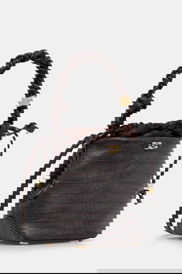 Håndtaske GANNI Bou Braided Handle Crocodile-Embossed Drawstring Bucket Bag Brun | A6697, 1