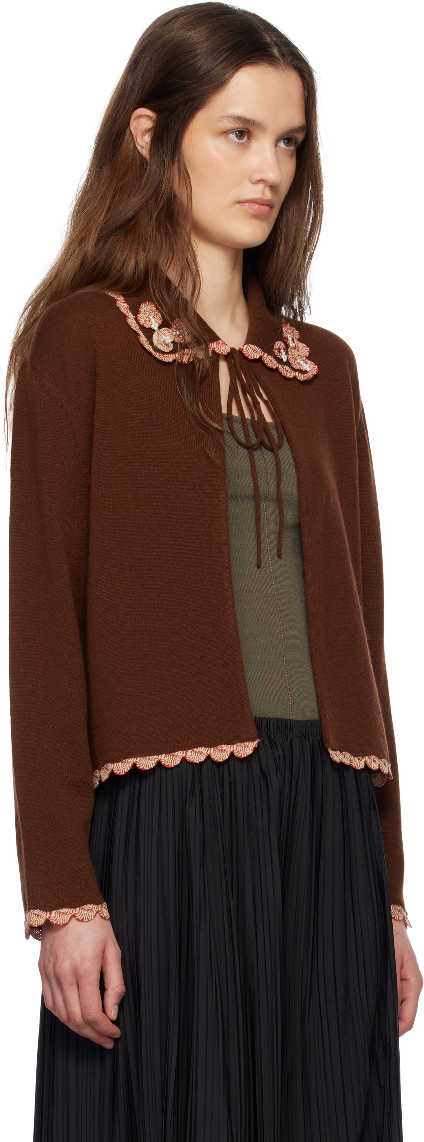 Sweater Bode Bode Rookie Embroidered Scalloped Cardigan Brun | WRS25KT021, 1