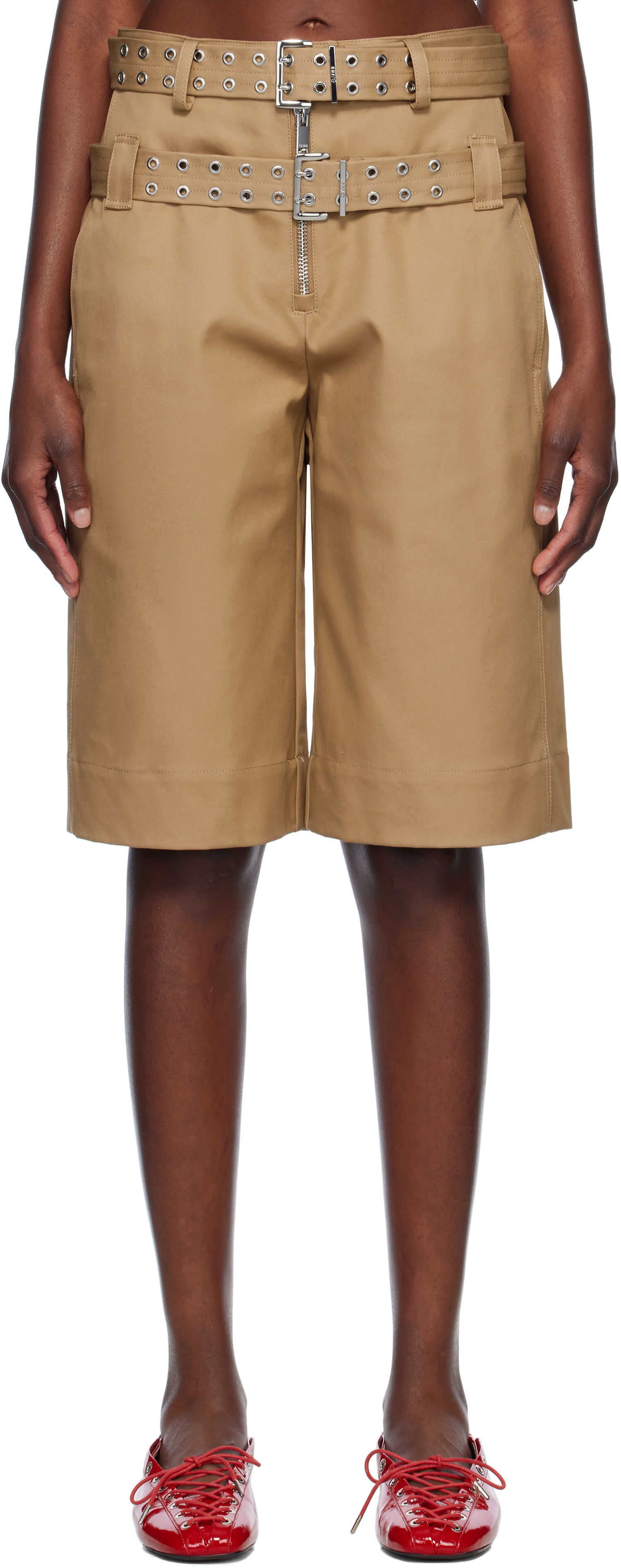 Shorts GANNI GANNI Bonded Cotton Shorts with Belt Beige | W0527, 0