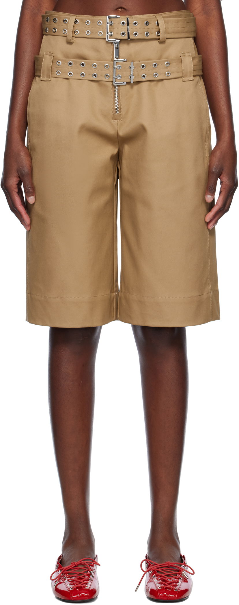 Shorts GANNI GANNI Bonded Cotton Shorts with Belt Beige | W0527