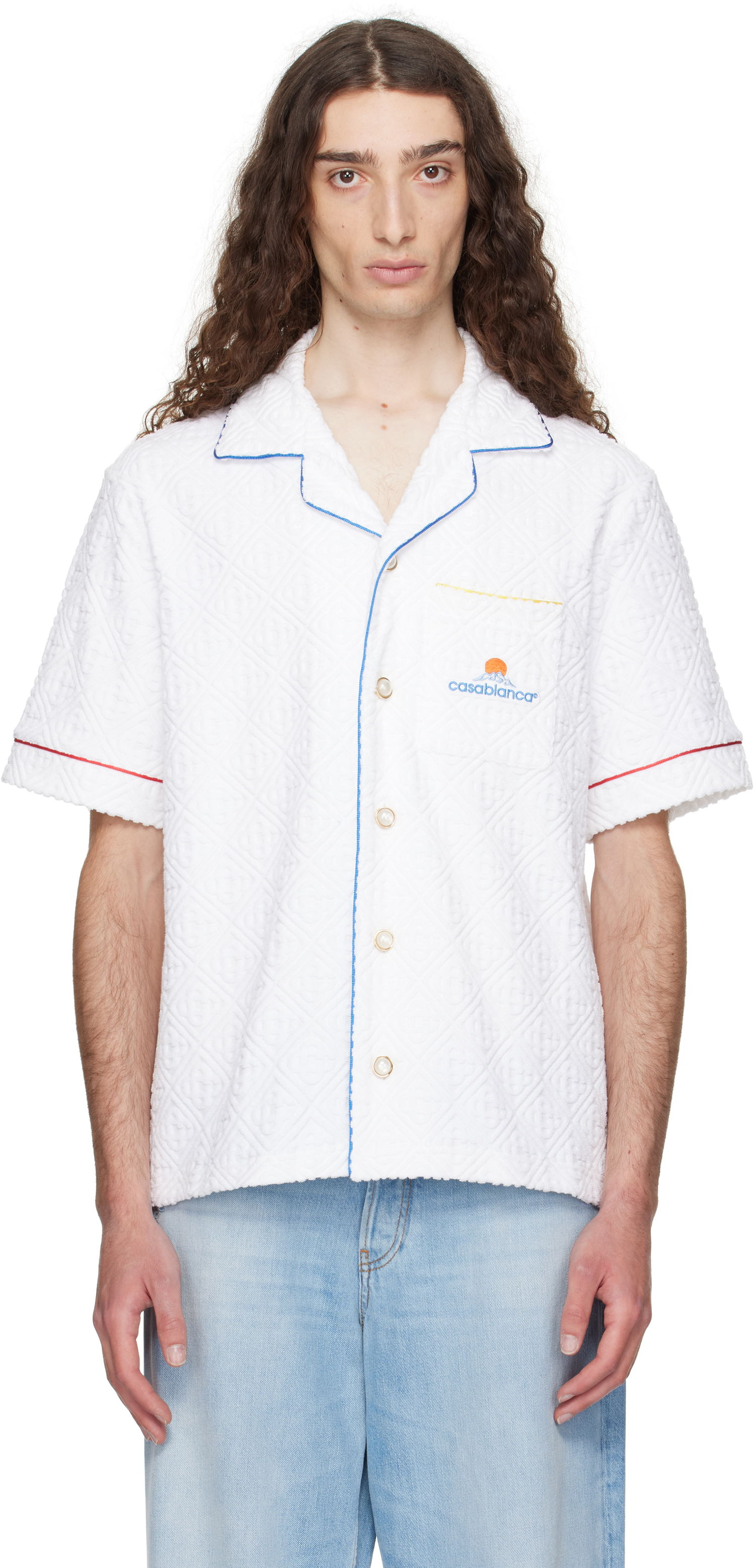 Skjorte Casablanca Casablanca Monogram Jacquard Towelling Short Sleeve Shirt Hvid | MPF25-SH-085-01, 0