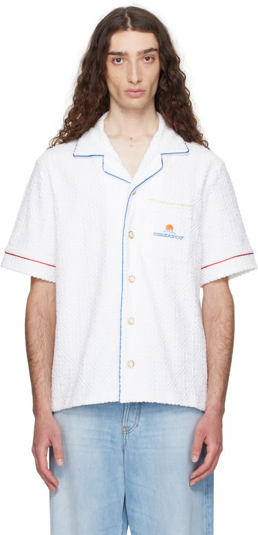 Skjorte Casablanca Casablanca Monogram Jacquard Towelling Short Sleeve Shirt Hvid | MPF25-SH-085-01, 0
