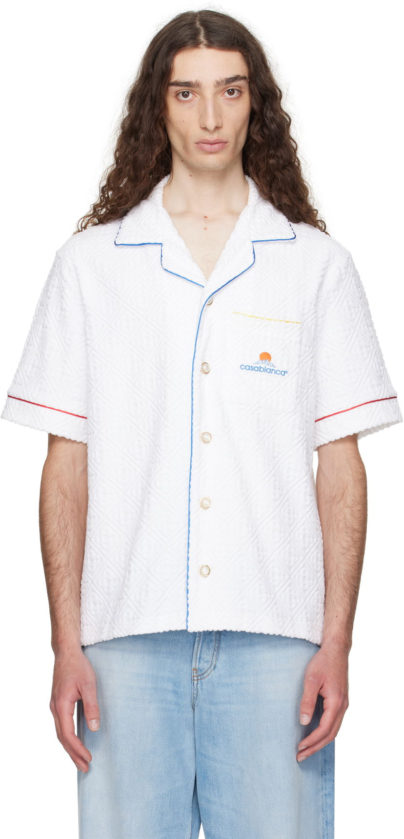Skjorte Casablanca Casablanca Monogram Jacquard Towelling Short Sleeve Shirt Hvid | MPF25-SH-085-01