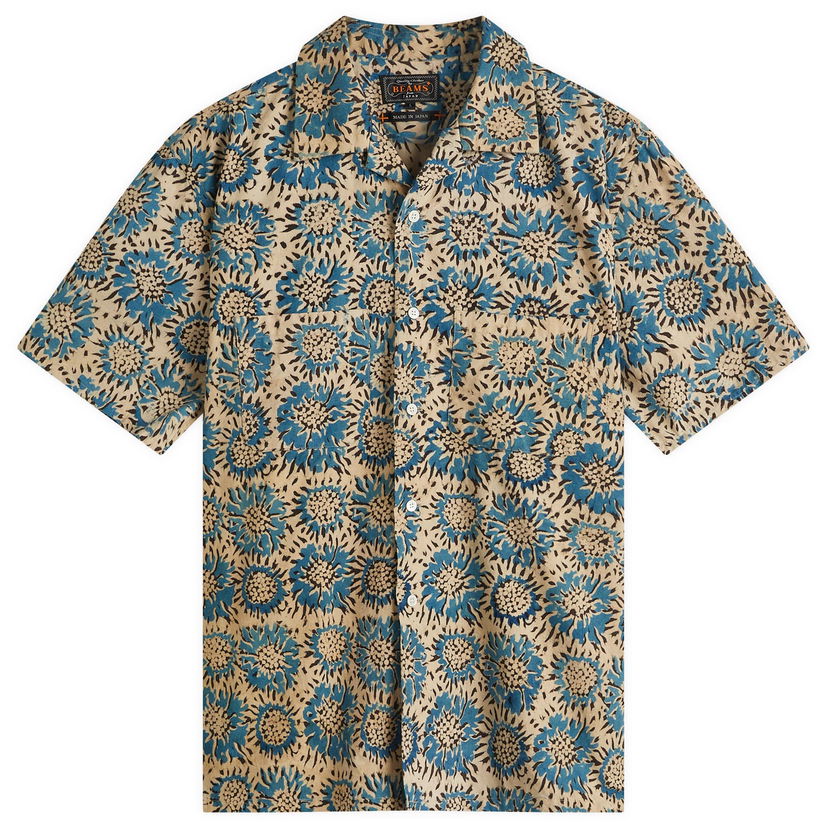 Skjorte BEAMS Beams Plus Open Collar Block Print Sunflower Shirt, Size Medium Beige | 3801-0167-139-75