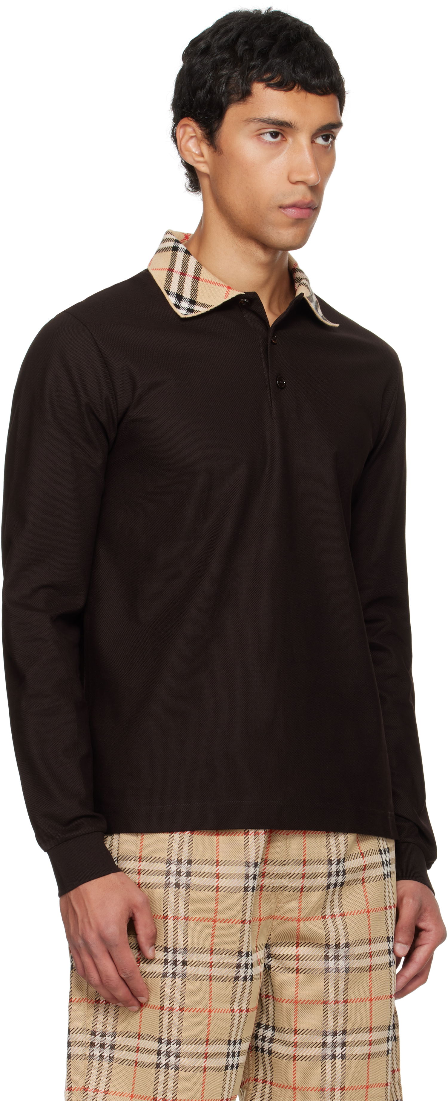 Polo skjorte Burberry Burberry Long Sleeve Polo with Check Collar Brun | 8116012, 1