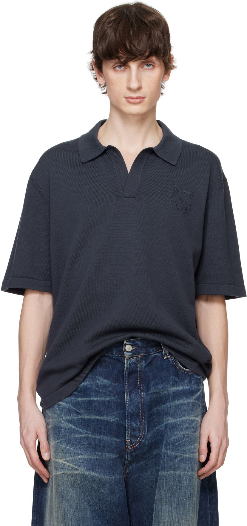 Polo skjorte MAISON KITSUNÉ Maison Kitsuné Fox Head Embroidered Knitted Polo Mørkeblå | OM00205KT1135