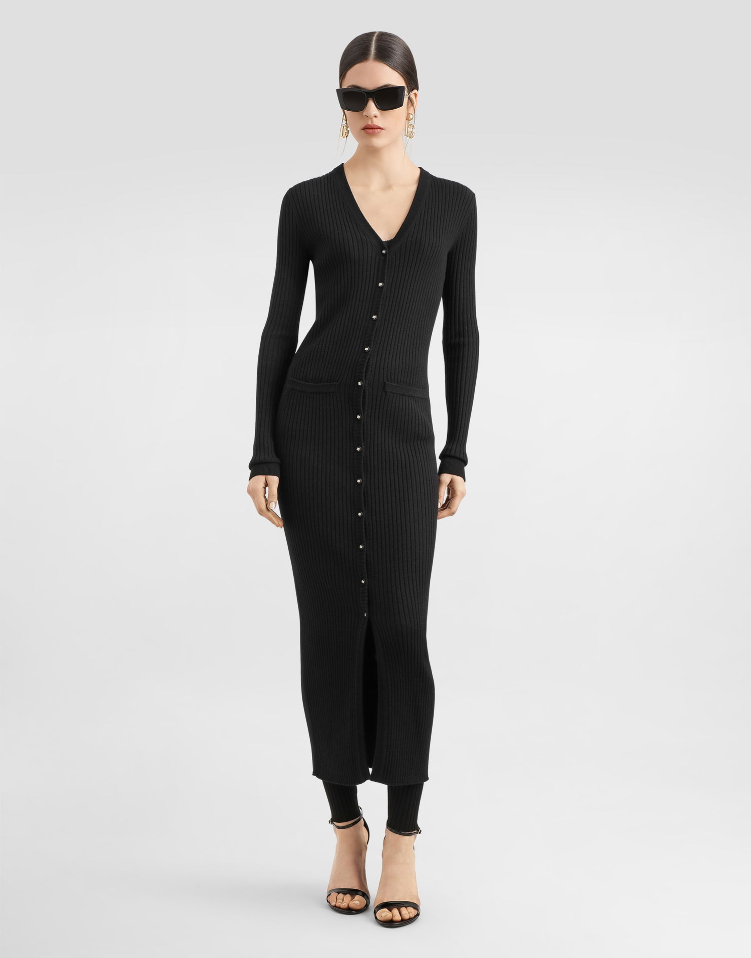 Kjole Dolce & Gabbana Dolce & Gabbana Long Ribbed Knit Midi Dress with Button Closure Sort | FXV37TJCVXGN0000, 1