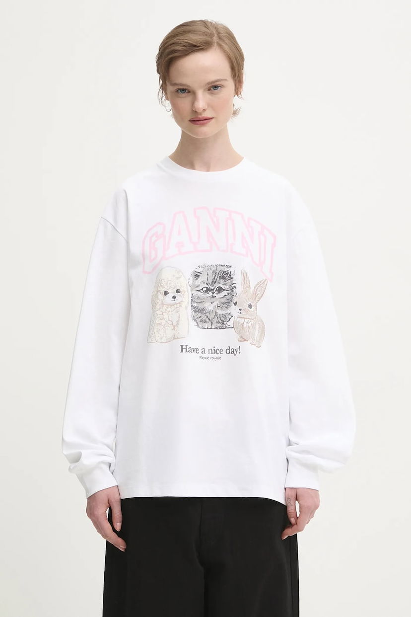 T-shirt GANNI Re-cut Heavy Jersey Animals Long-sleeved T-shirt Hvid | T4275
