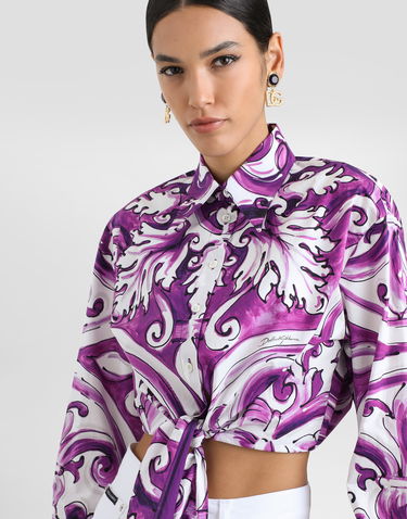 Skjorte Dolce & Gabbana Dolce & Gabbana Majolica-Print Tie-Front Poplin Shirt Lilla | F5T76TFI5JPHP5DQ, 3