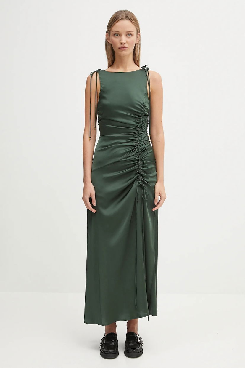 Kjole GANNI GANNI Stretch Satin Gathered Maxi Dress Grøn | W0739