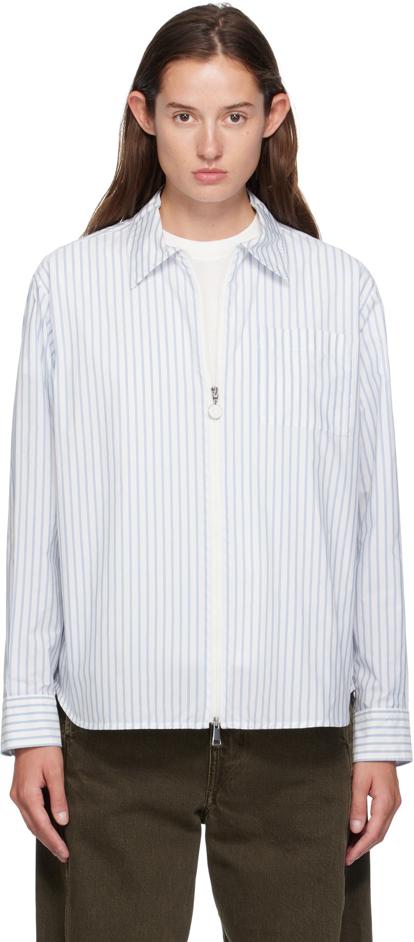 Skjorte Moncler Moncler Striped Zip Shirt Hvid | K20932F00016598S1
