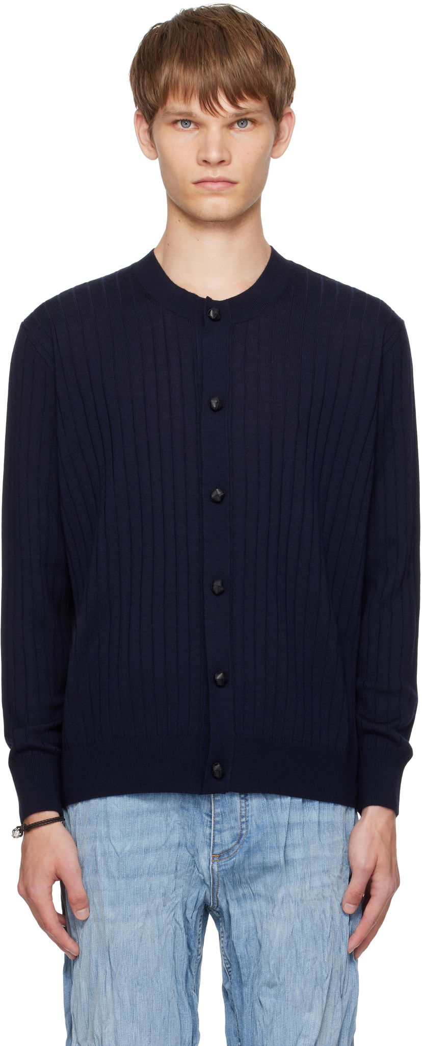 Sweater Bottega Veneta Bottega Veneta Wool Rib Knit Cardigan Mørkeblå | 838111V5L704140