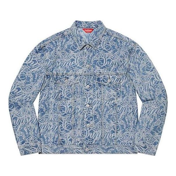 Jakke Supreme Script Jacquard Denim Trucker Jacket Blå | SUP-FW22-723
