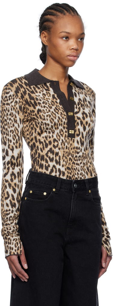 Polo skjorte GANNI GANNI Leopard Knit Polo Brun | K2341, 1